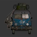 Blue Volkswagen Vintage Van With Roof Luggage Rack Mattress And Tire