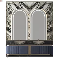 Modern Bathroom Vanity With Double Arched Illuminated Mirrors Marble Countertop And Textured Backsplash