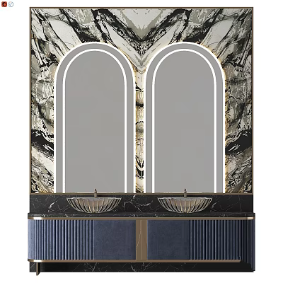 Modern Bathroom Vanity With Double Arched Illuminated Mirrors Marble Countertop And Textured Backsplash 3d model