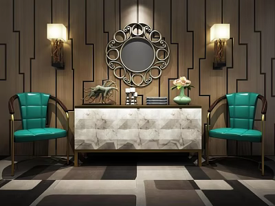 Elegant Entryway Console Table with Marble Top Decorative Mirror Turquoise Chairs and Wooden Geometric Wall Decor 3d model