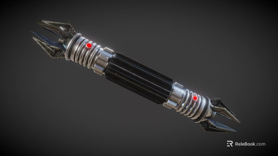 Futuristic Spiked Double Ended Weapon with Metallic Silver Rings Black Body and Red Lights 3d model 