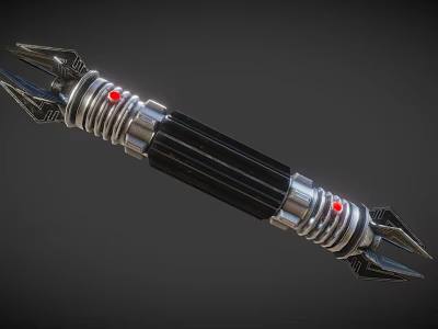 Futuristic Spiked Double Ended Weapon with Metallic Silver Rings Black Body and Red Lights 3d model
