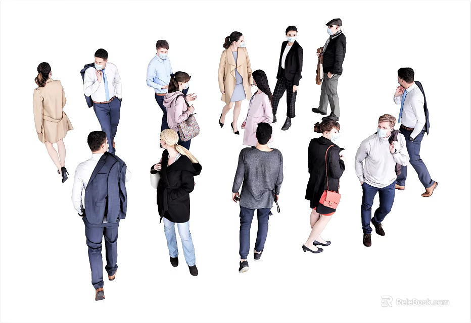Group of People Walking And Standing With Different Ages Clothing Bags And Masks 3d model 
