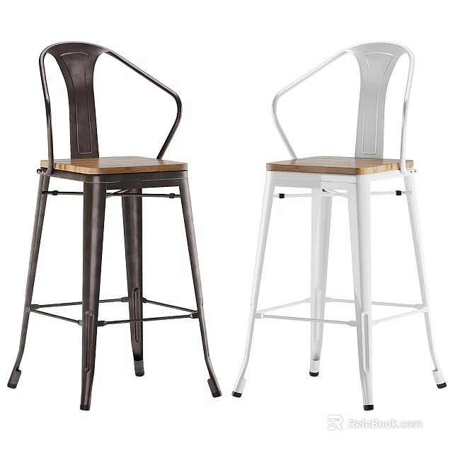 Modern Industrial Bar Stools With Metal Frame And Wooden Seat In Black White 3d model 