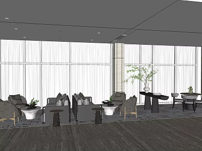 Modern Lounge Area Interior With Comfortable Sofas Coffee Tables Green Plants And Large Windows 3d model