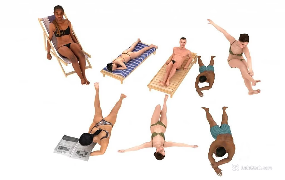 People In Swimwear Relaxing And Stretching On Beach Deck Chairs 3d model 