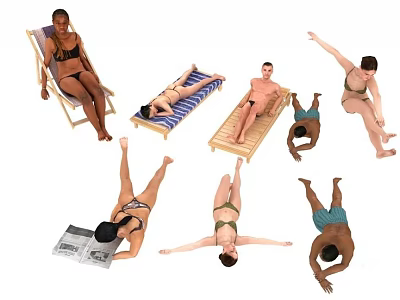 People In Swimwear Relaxing And Stretching On Beach Deck Chairs 3d model