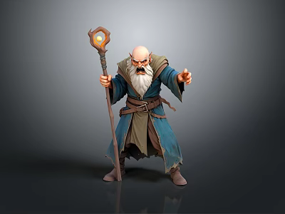 Old Wizard With Glowing Staff And Long Beard In Blue Robe Standing Pose 3d model