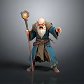 Old Wizard With Glowing Staff And Long Beard In Blue Robe Standing Pose