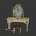Vintage Distressed Wood Dressing Table With Mirror Drawer And Checkered Stool