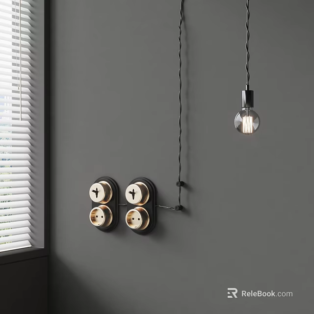 Elegant Modern Pendant Light In Interior With Gray Wall White Blinds And Black Switch Panels 3d model 