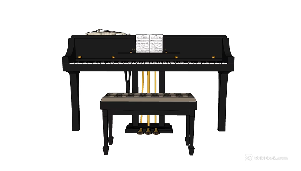 Black Upright Piano With Music Sheets And Wheeled Bench Setup 3d model 