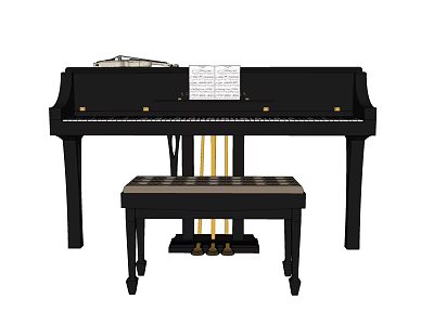 Black Upright Piano With Music Sheets And Wheeled Bench Setup 3d model