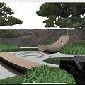 Tranquil Japanese Garden Landscape With Stone Sculptures Misty Pathway And Lush Greenery