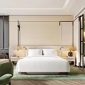 Elegant Modern Hotel Guest Room Interior With White Bed Bedside Lamps Green Chair And Bathtub