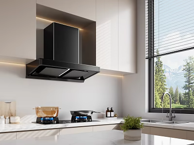 Modern Kitchen Design with White Cabinets Black Range Hood and Natural View Window 3d model