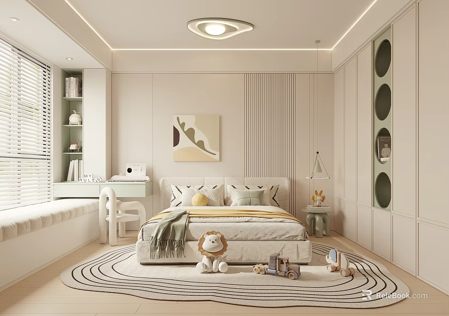 Kids Room Interior With Bed Pillows Lion Stuffed Toy Rug Desk Toys And Soft Lighting 3d model 