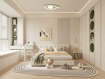 Kids Room Interior With Bed Pillows Lion Stuffed Toy Rug Desk Toys And Soft Lighting 3d model