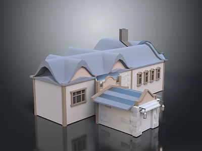Traditional House Design With Gray Roof Beige Walls Windows Chimney And Blue Striped Porch 3d model