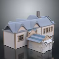 Traditional House Design With Gray Roof Beige Walls Windows Chimney And Blue Striped Porch