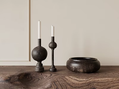 Minimalist Wooden Candle Holders for Home Decor on Wooden Tabletop with Light Wall 3d model