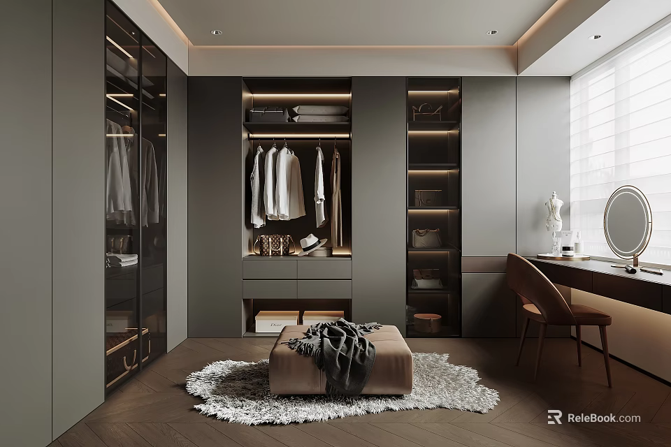 Modern Walk-in Closet Interior With Hanging Clothes Drawers Rug Dressing Table And Mirror 3d model 