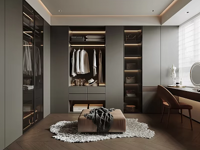 Modern Walk-in Closet Interior With Hanging Clothes Drawers Rug Dressing Table And Mirror 3d model