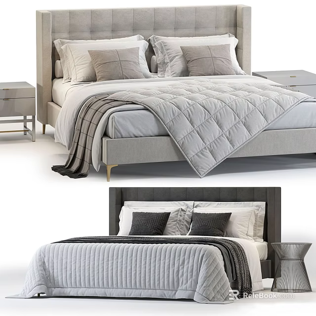 Modern Double Bed With Upholstered Headboard Soft Bedding And Wooden Nightstands 3d model 