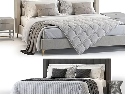 Modern Double Bed With Upholstered Headboard Soft Bedding And Wooden Nightstands 3d model