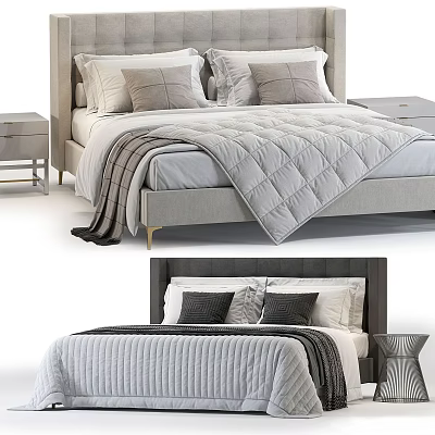 Modern Double Bed With Upholstered Headboard Soft Bedding And Wooden Nightstands 3d model