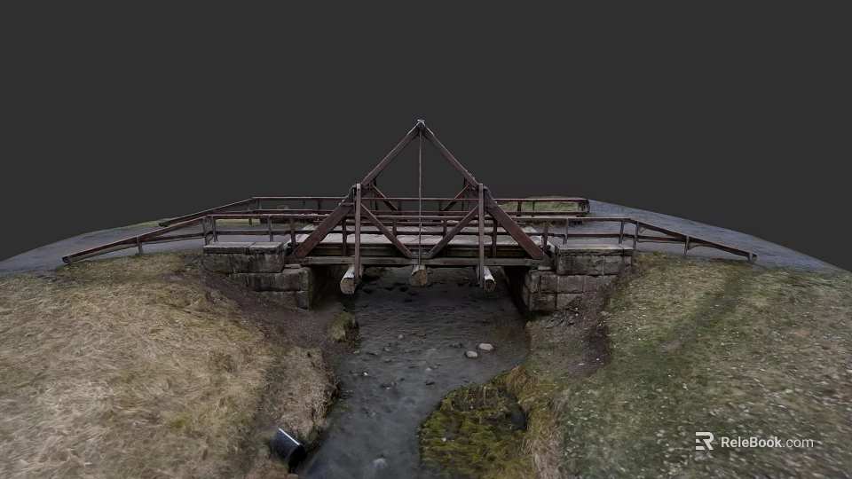 Metal Frame Bridge With Wooden Deck Spanning Stream Surrounded By Grass And Stones 3d model 