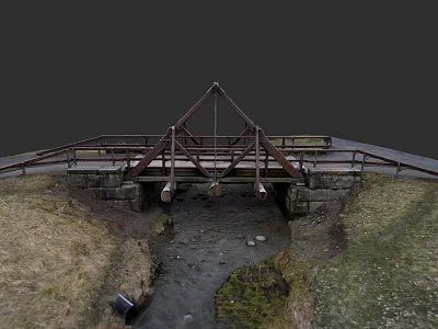 Metal Frame Bridge With Wooden Deck Spanning Stream Surrounded By Grass And Stones 3d model