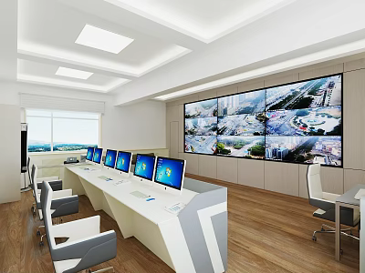 Modern Monitoring Room Interior With Multiple Monitor Screens Control Desk And Office Chairs 3d model
