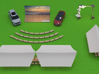 Outdoor Event Setup With Cars Display Board Curved Seats Tents And Arch 3d model
