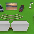 Outdoor Event Setup With Cars Display Board Curved Seats Tents And Arch
