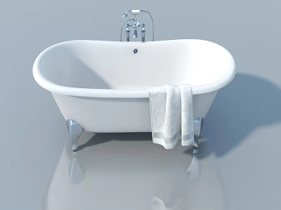 Elegant White Freestanding Bathtub with Silver Faucet and Hanging Towels in Gray Background 3d model