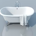 Elegant White Freestanding Bathtub with Silver Faucet and Hanging Towels in Gray Background