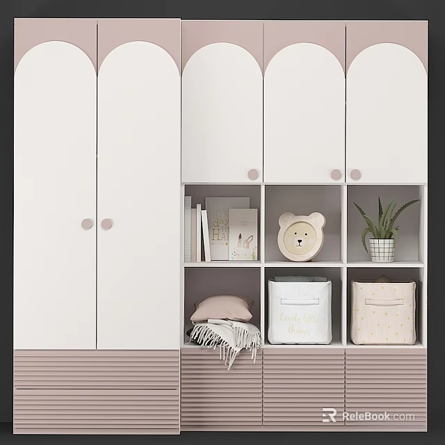 Stylish White Wardrobe With Arched Doors Round Knobs Open Shelves And Teddy Bear Decor 3d model 