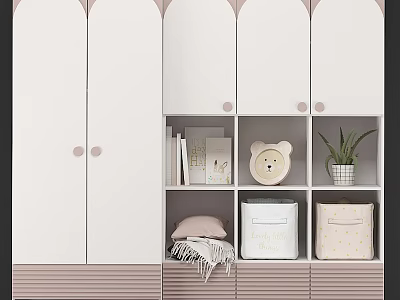 Stylish White Wardrobe With Arched Doors Round Knobs Open Shelves And Teddy Bear Decor 3d model