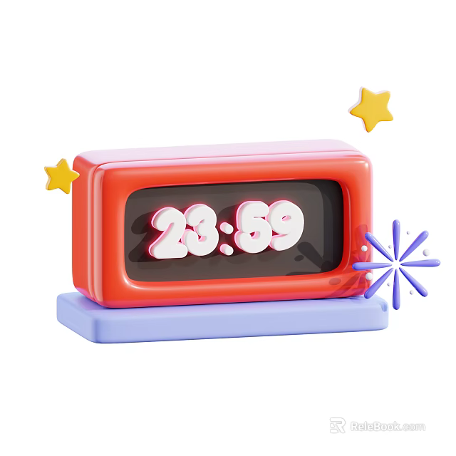 Red Alarm Clock Showing 2359 Time With Yellow Stars And Blue Snowflake On Blue Base 3d model 