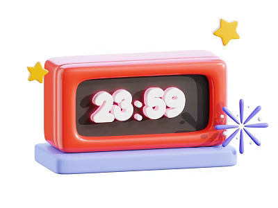 Red Alarm Clock Showing 2359 Time With Yellow Stars And Blue Snowflake On Blue Base 3d model