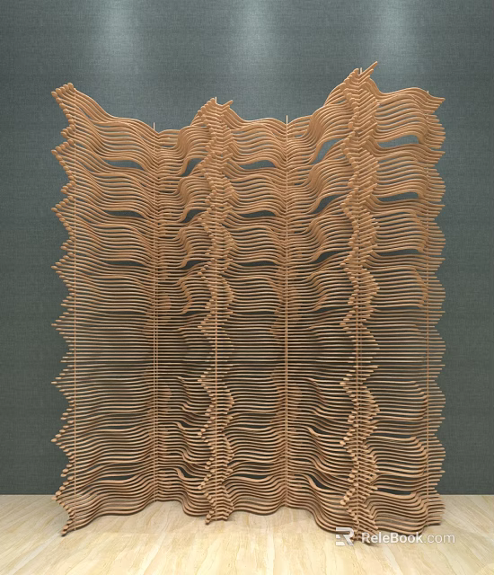Wooden Room Divider With Wavy Striped Design And Intricate Decorative Structure 3d model 