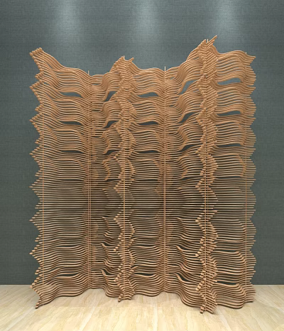 Wooden Room Divider With Wavy Striped Design And Intricate Decorative Structure 3d model