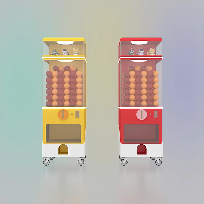 Two Colorful Yellow And Red Claw Machines With Orange Balls Transparent Windows And Wheels 3d model