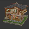 Detached Villa Featuring Wooden Design Gray Roof Chimney Second Floor Balcony Stone Base And Lawn