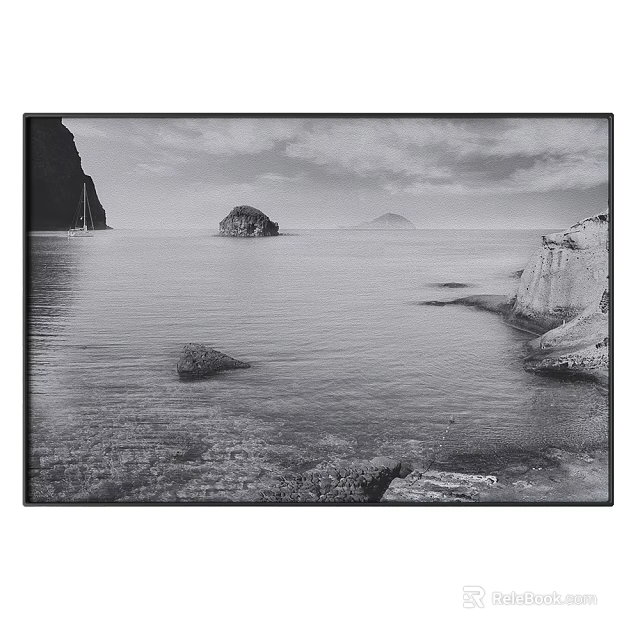 Abstract Painting Black And White Seascape With Calm Sea Rocks Distant Island And Cloudy Sky 3d model 