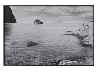 Abstract Painting Black And White Seascape With Calm Sea Rocks Distant Island And Cloudy Sky 3d model