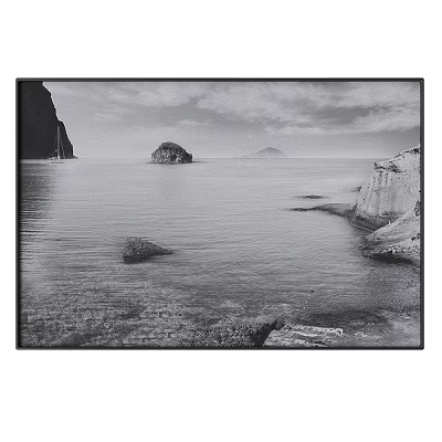 Abstract Painting Black And White Seascape With Calm Sea Rocks Distant Island And Cloudy Sky 3d model