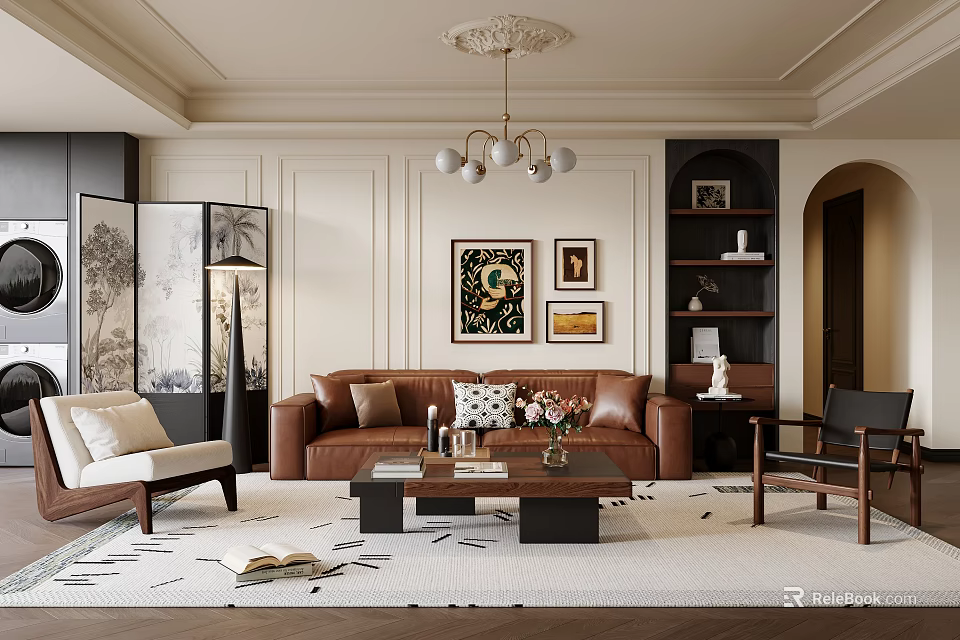 Modern Living Room Interior With Leather Sofa Coffee Table Decorative Paintings And Chandelier 3d model 