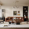 Modern Living Room Interior With Leather Sofa Coffee Table Decorative Paintings And Chandelier